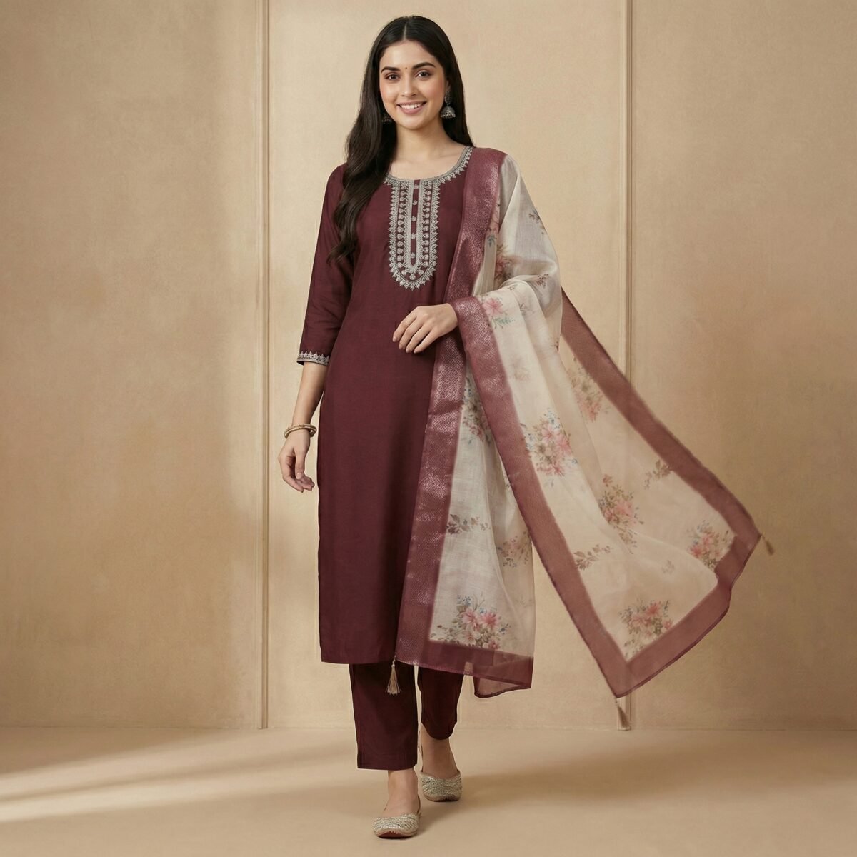Maroon Rayon Kurta Set with Embroidered Neckline & Floral Dupatta - Image 4