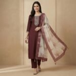 Maroon Rayon Kurta Set with Embroidered Neckline & Floral Dupatta - Image 4
