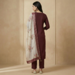 Maroon Rayon Kurta Set with Embroidered Neckline & Floral Dupatta - Image 3