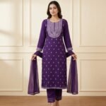 Royal Purple Embroidered Rayon Kurta Set with Dupatta – Elegant Ethnic Wear