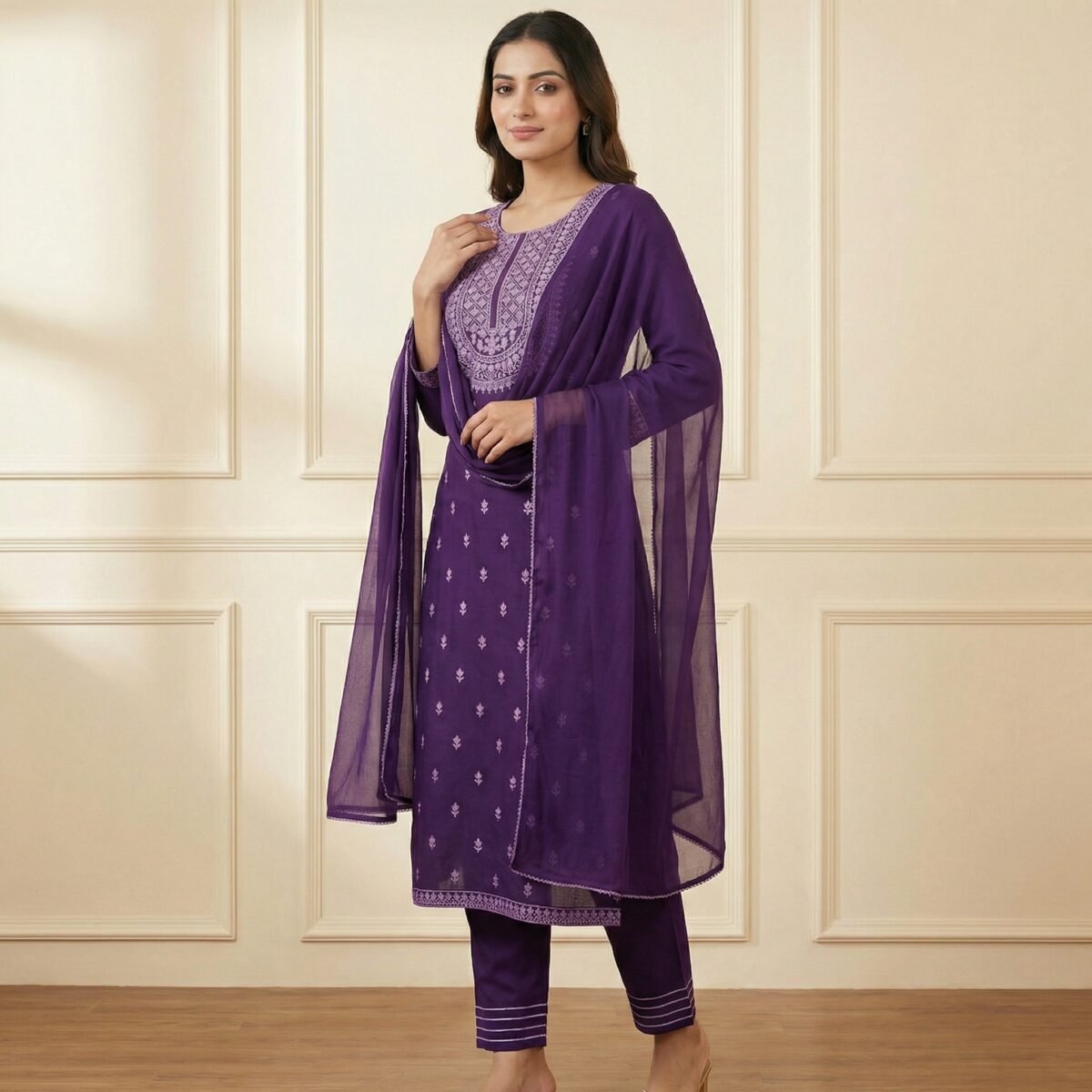 Royal Purple Embroidered Rayon Kurta Set with Dupatta – Elegant Ethnic Wear - Image 2