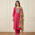 Deep Pink Embroidered Rayon Kurta Set with Multicolor Chevron Dupatta