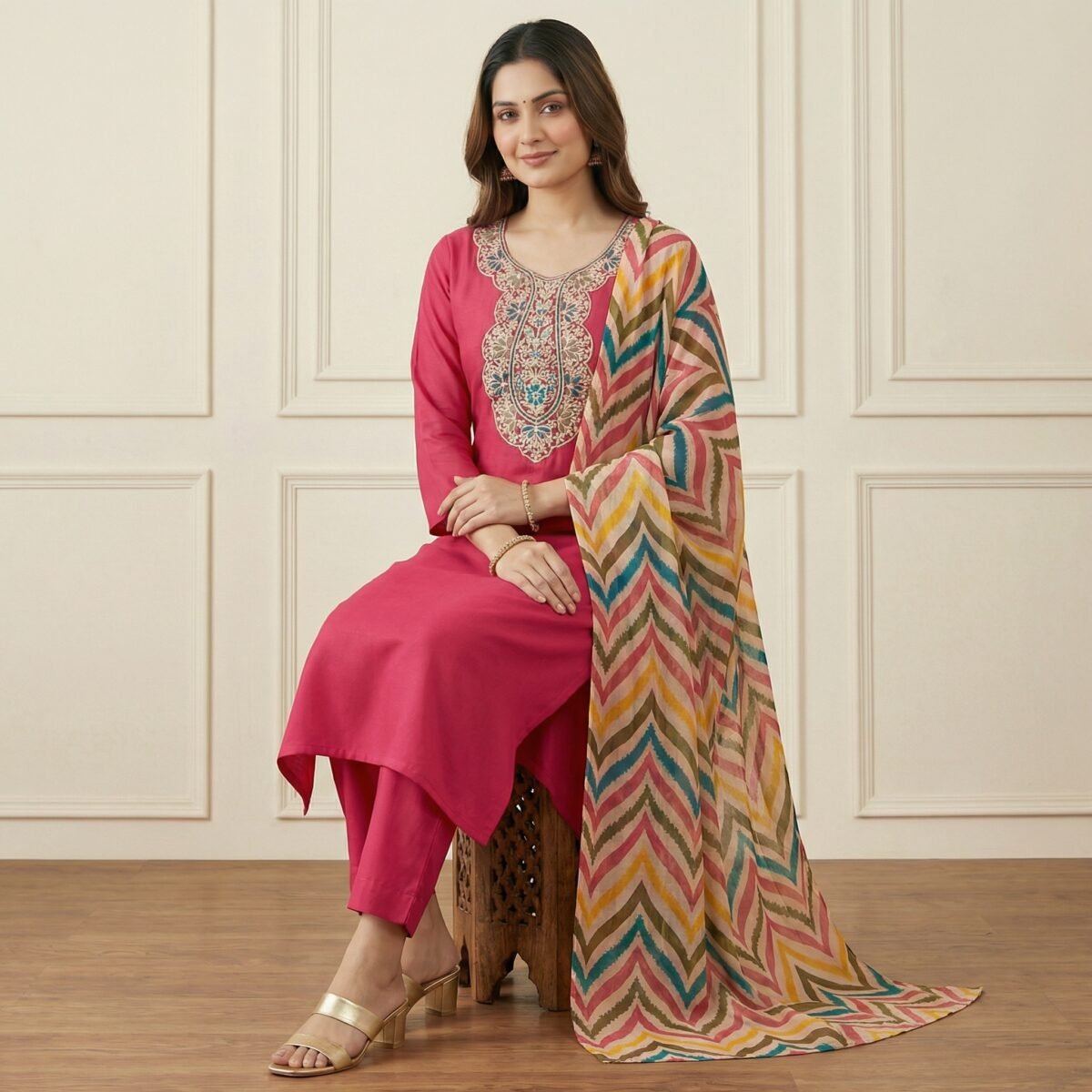 Deep Pink Embroidered Rayon Kurta Set with Multicolor Chevron Dupatta - Image 2