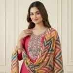 Deep Pink Embroidered Rayon Kurta Set with Multicolor Chevron Dupatta - Image 3