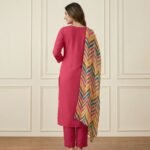 Deep Pink Embroidered Rayon Kurta Set with Multicolor Chevron Dupatta - Image 4