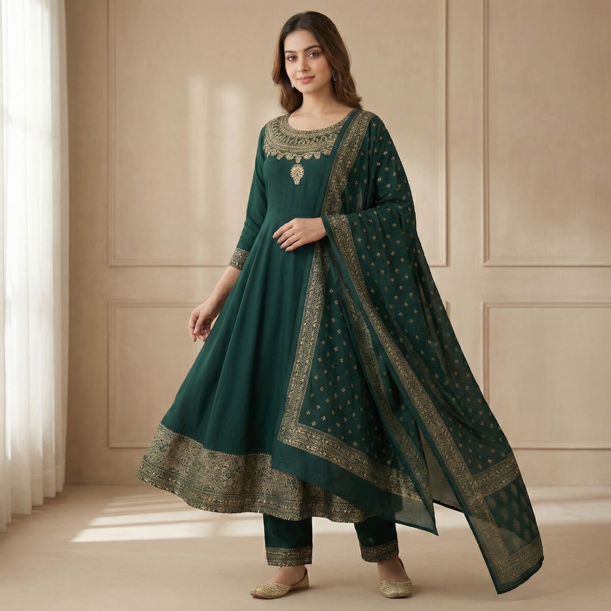 Emerald Green Rayon Anarkali Kurta Set with Zari Embroidery & Dupatta - Image 2