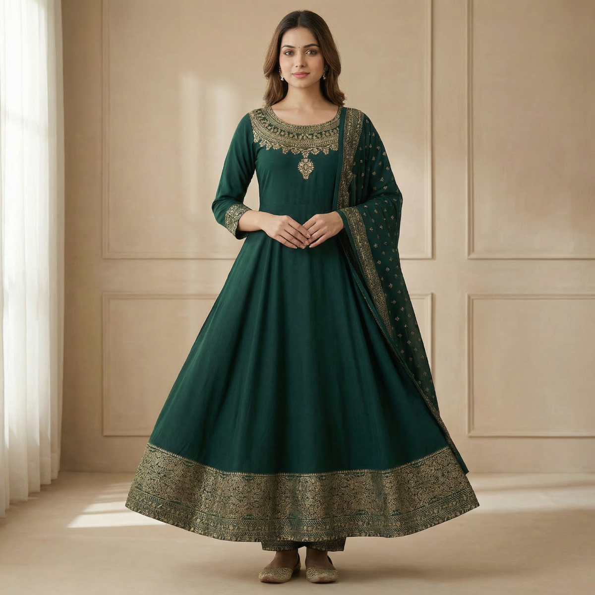 Emerald Green Rayon Anarkali Kurta Set with Zari Embroidery & Dupatta - Image 4
