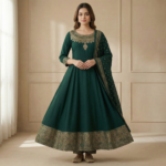 Emerald Green Rayon Anarkali Kurta Set with Zari Embroidery & Dupatta - Image 4