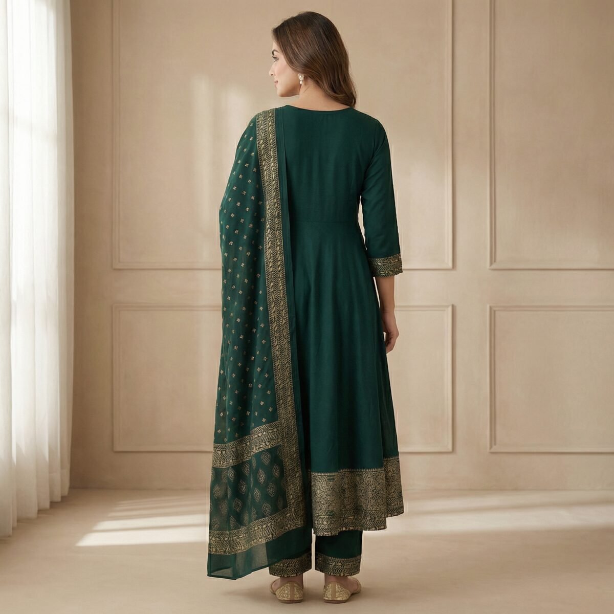 Emerald Green Rayon Anarkali Kurta Set with Zari Embroidery & Dupatta - Image 3