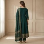 Emerald Green Rayon Anarkali Kurta Set with Zari Embroidery & Dupatta - Image 3