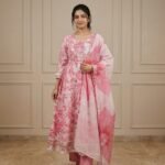 Blush Pink Floral Printed Anarkali Kurta Set with Embroidery & Organza Dupatta