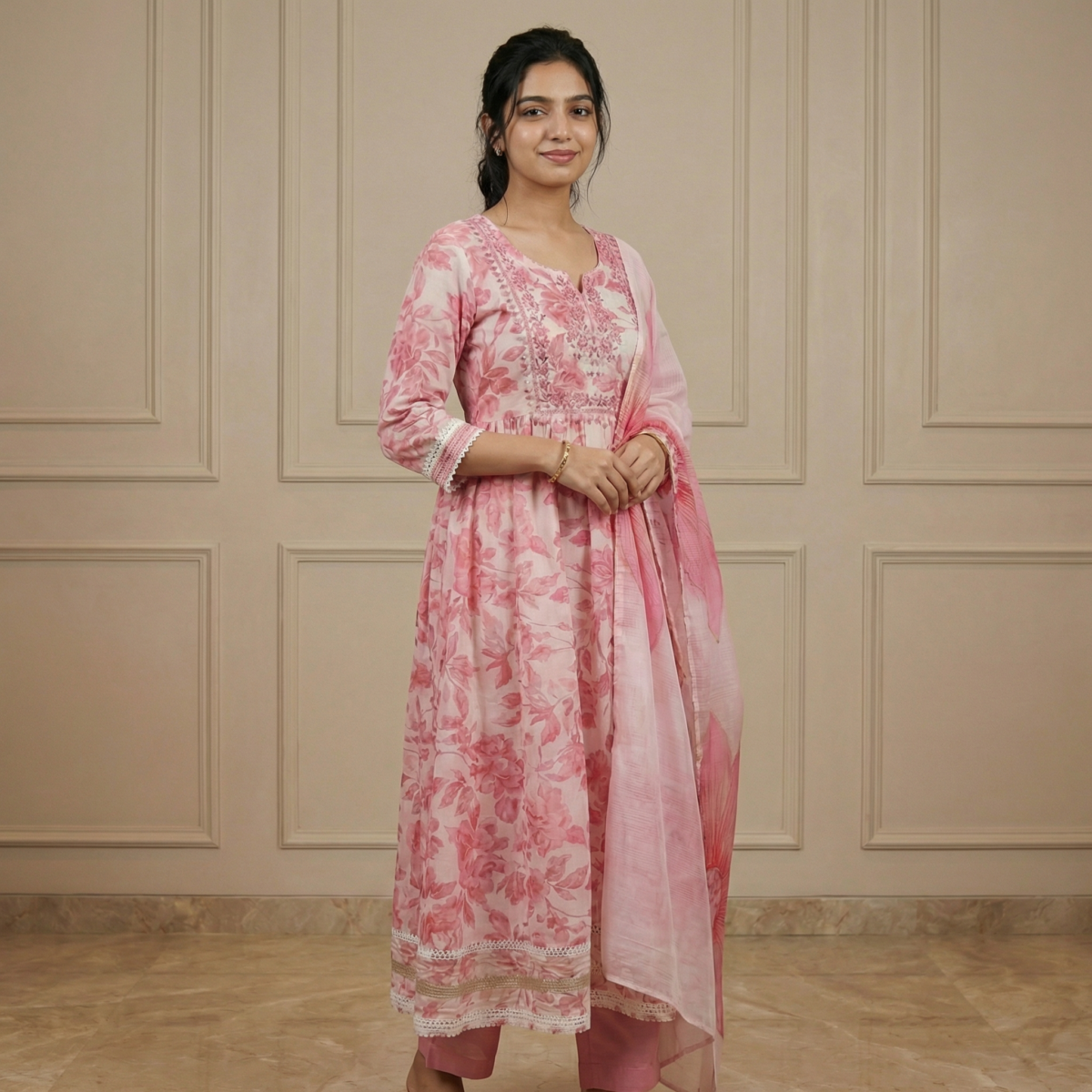 Blush Pink Floral Printed Anarkali Kurta Set with Embroidery & Organza Dupatta - Image 4