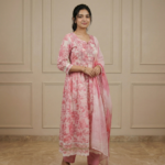 Blush Pink Floral Printed Anarkali Kurta Set with Embroidery & Organza Dupatta - Image 4