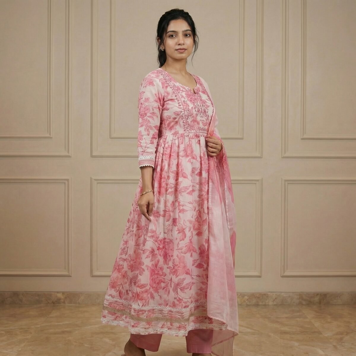 Blush Pink Floral Printed Anarkali Kurta Set with Embroidery & Organza Dupatta - Image 3