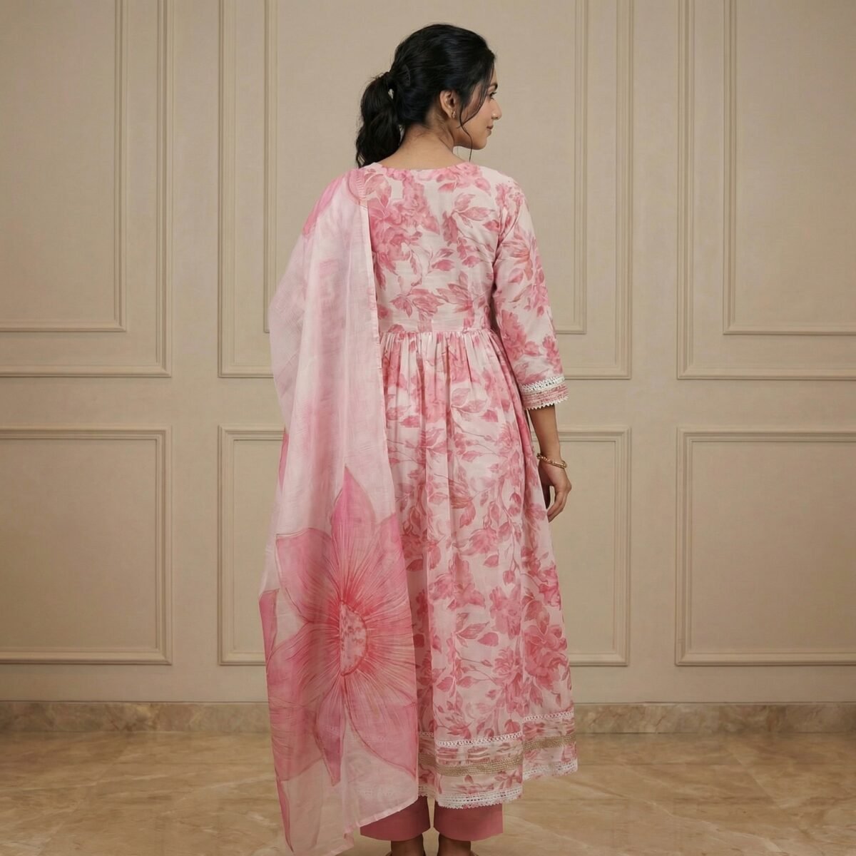Blush Pink Floral Printed Anarkali Kurta Set with Embroidery & Organza Dupatta - Image 2