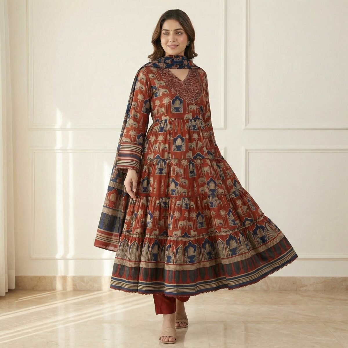 Brick Red Rajasthani Printed Anarkali Kurta Set with Dupatta – Ethnic Flared Festive Wear - Image 4