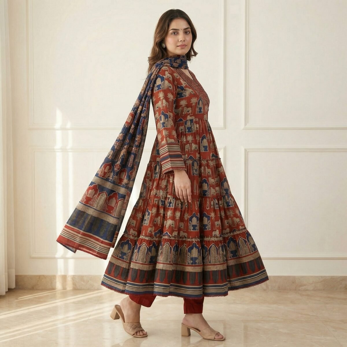Brick Red Rajasthani Printed Anarkali Kurta Set with Dupatta – Ethnic Flared Festive Wear - Image 2
