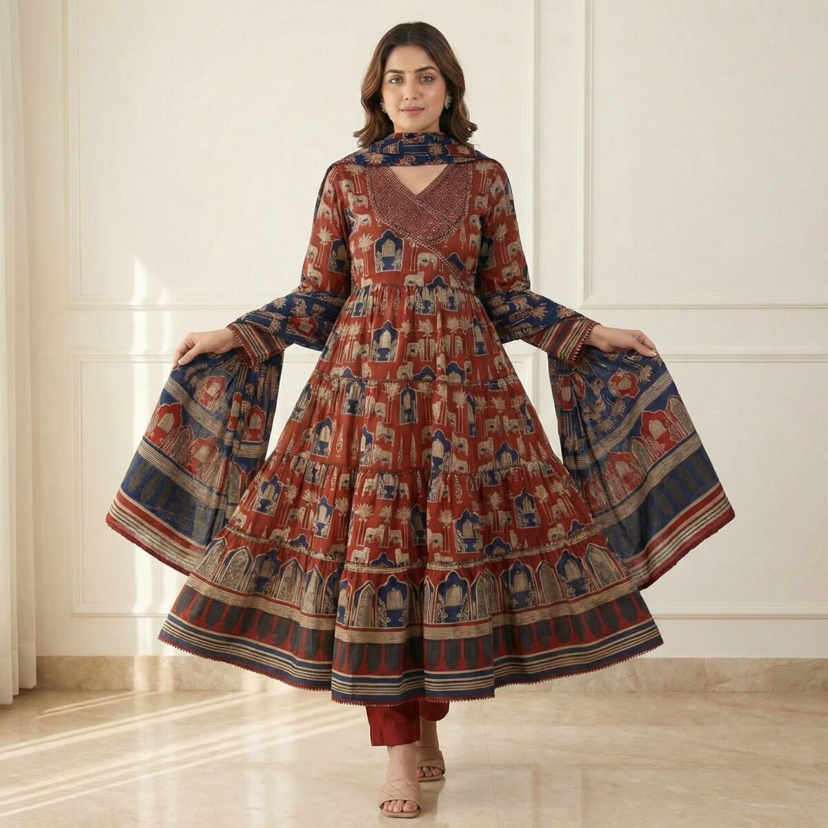 Brick Red Rajasthani Printed Anarkali Kurta Set with Dupatta – Ethnic Flared Festive Wear - Image 3