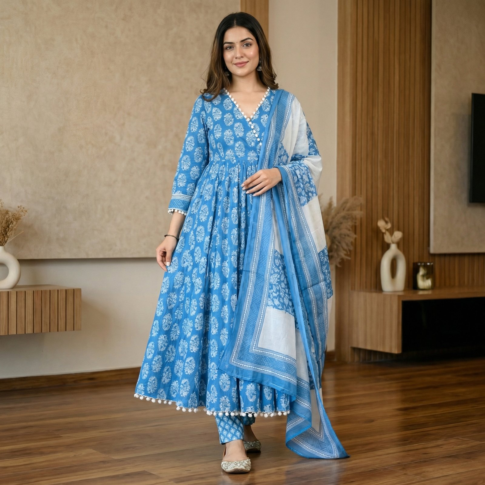 hf_20260228_122548_f25ae2b0-b107-4a8a-9671-8161fb9dd5eb Sky Blue Handblock Cotton Anarkali Kurta Set with Dupatta - Image 1