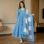 Sky Blue Handblock Cotton Anarkali Kurta Set with Dupatta - Image 3