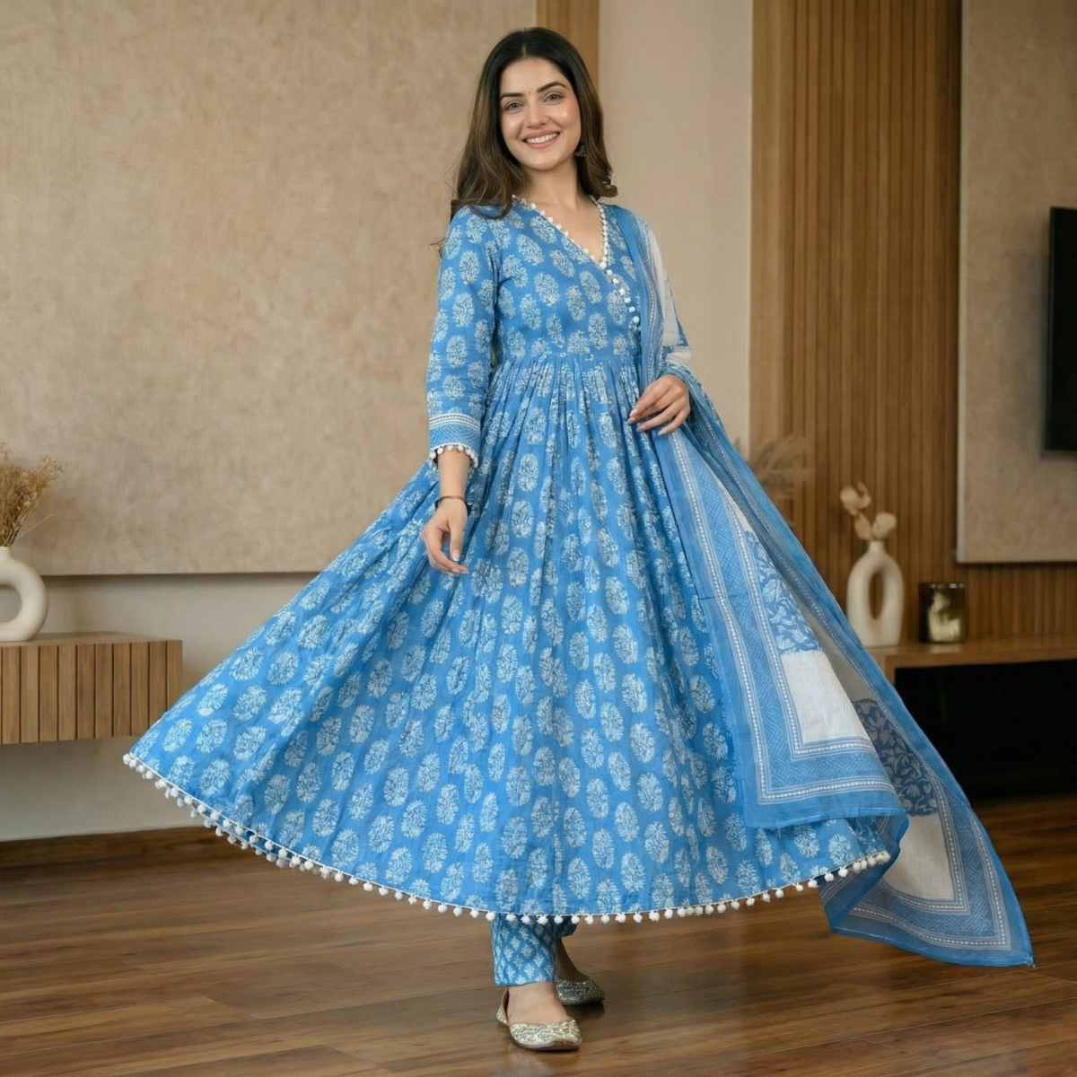 Sky Blue Handblock Cotton Anarkali Kurta Set with Dupatta - Image 4