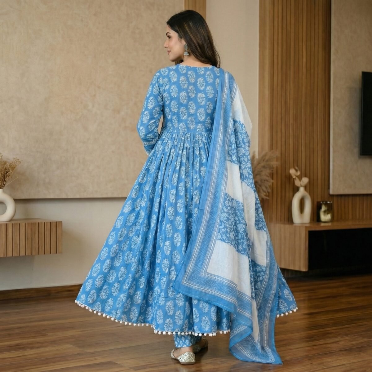 Sky Blue Handblock Cotton Anarkali Kurta Set with Dupatta - Image 2