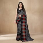 Black Grey Georgette Saree with Red Block Pallu & Grid Pattern Blouse