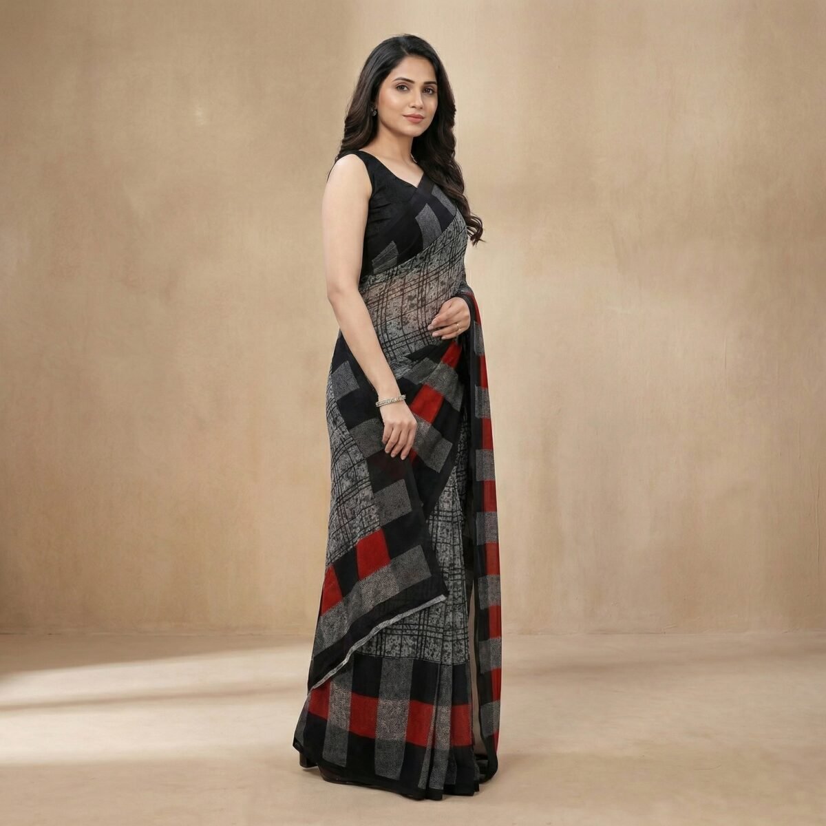 Black Grey Georgette Saree with Red Block Pallu & Grid Pattern Blouse - Image 2