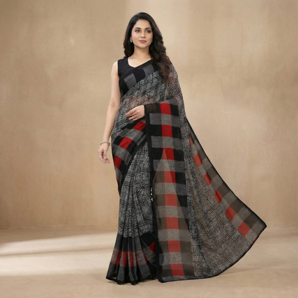Black Grey Georgette Saree with Red Block Pallu & Grid Pattern Blouse - Image 4