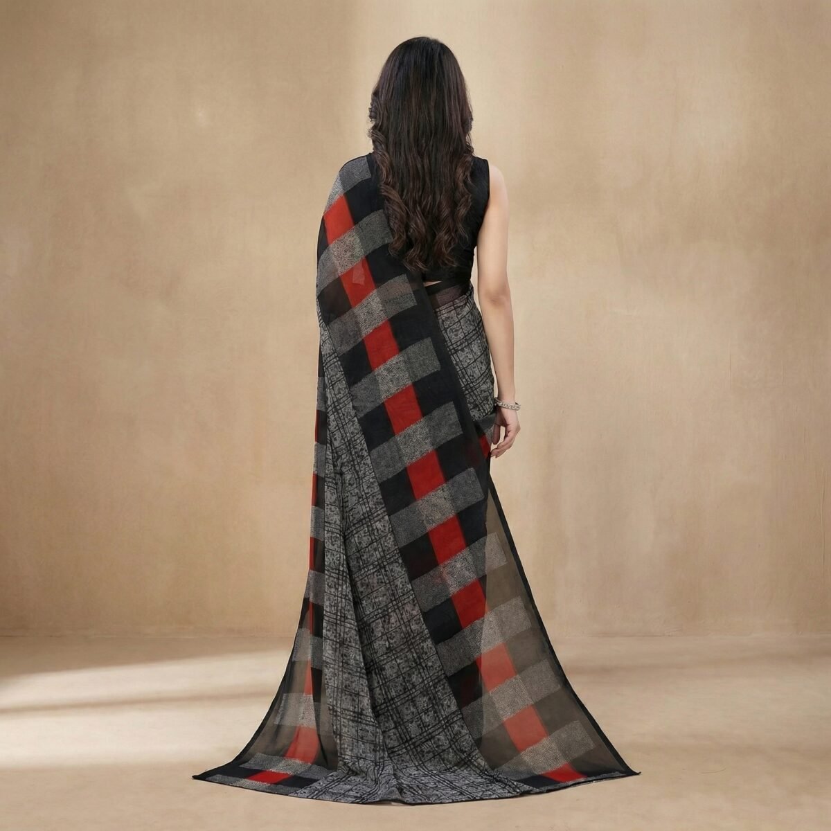 Black Grey Georgette Saree with Red Block Pallu & Grid Pattern Blouse - Image 3