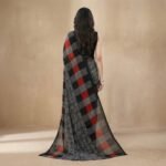 Black Grey Georgette Saree with Red Block Pallu & Grid Pattern Blouse - Image 3