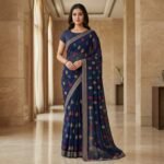 Navy Blue Georgette Saree with Multicolor Leaf Motif & Striped Border