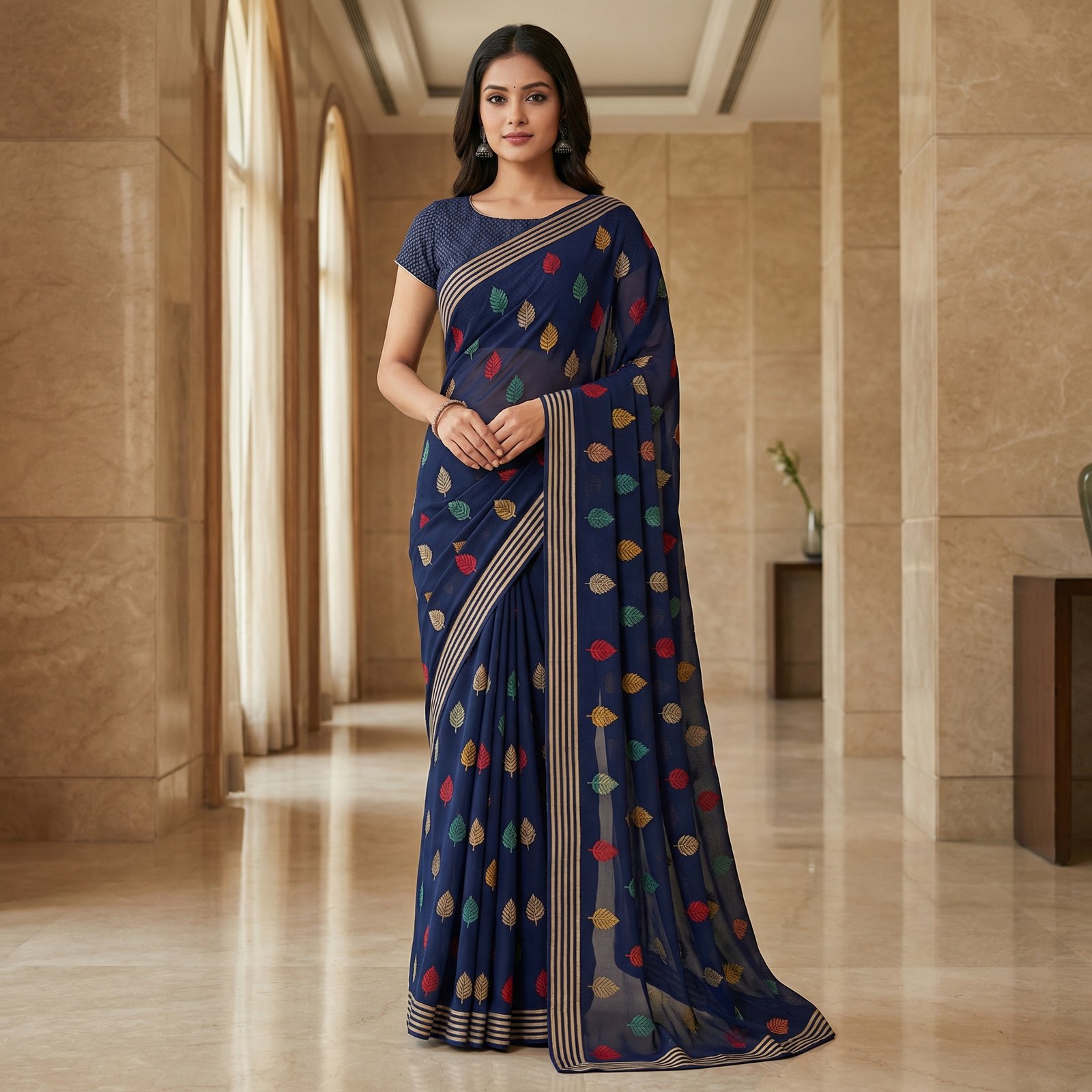 hf_20260301_035628_1d5a7fb0-cb29-4291-aae2-485825d697a9 (1) Navy Blue Georgette Saree with Multicolor Leaf Motif & Striped Border - Image 1