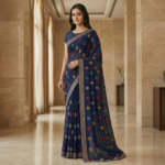 Navy Blue Georgette Saree with Multicolor Leaf Motif & Striped Border - Image 2