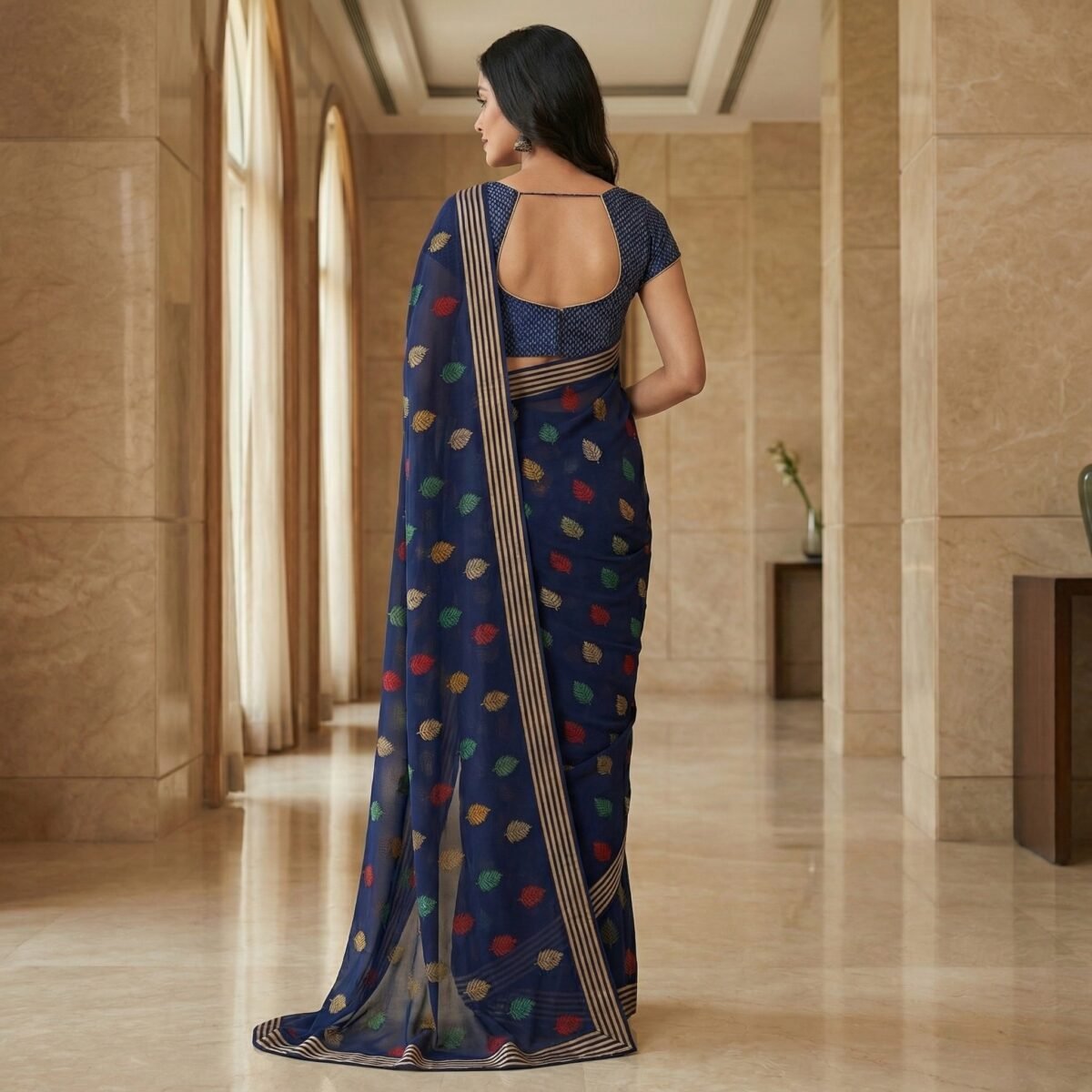 Navy Blue Georgette Saree with Multicolor Leaf Motif & Striped Border - Image 3