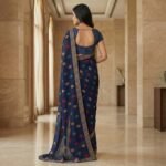 Navy Blue Georgette Saree with Multicolor Leaf Motif & Striped Border - Image 3