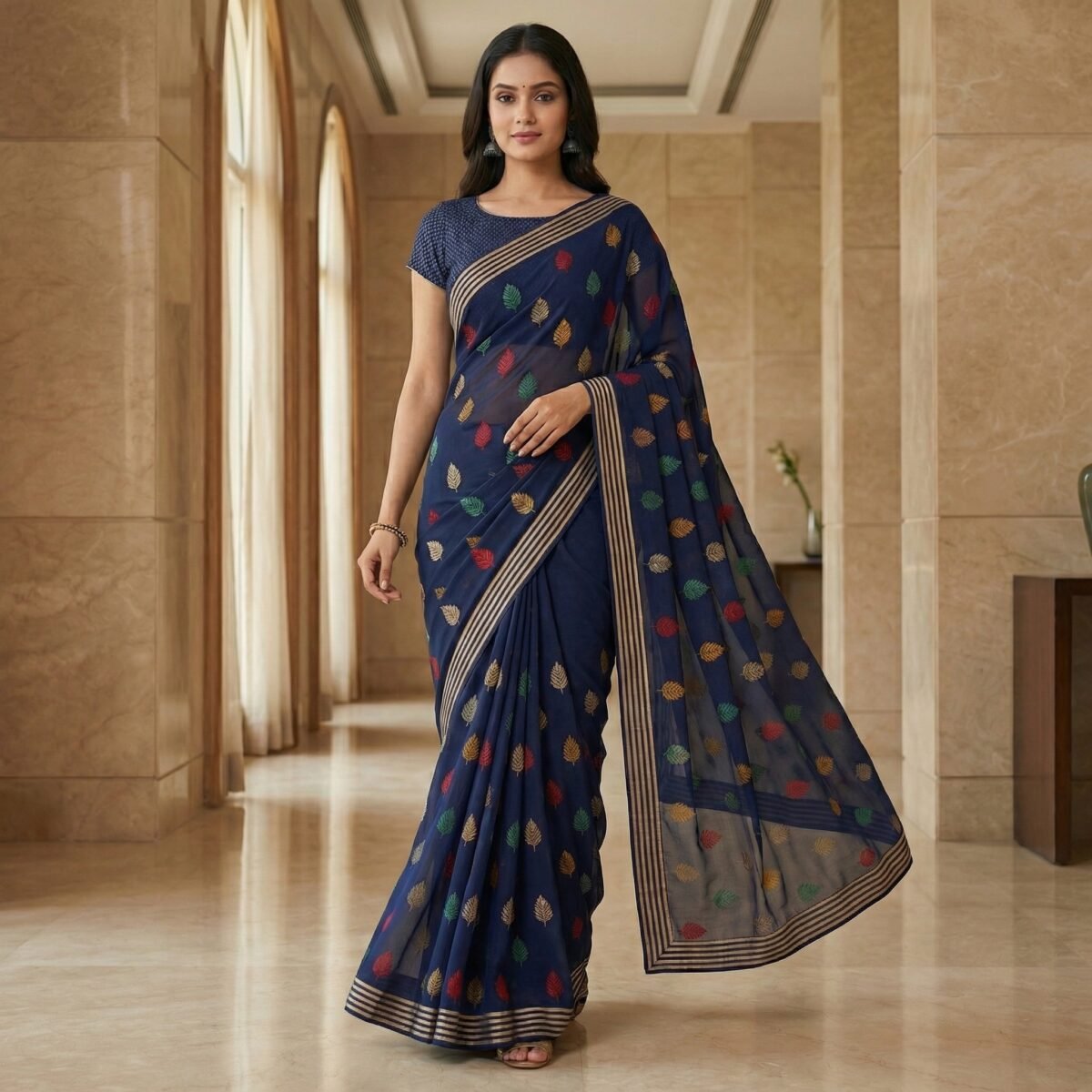 Navy Blue Georgette Saree with Multicolor Leaf Motif & Striped Border - Image 4