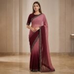 Wine & Dusty Rose Ombre Georgette Saree with Embroidered Lace Border