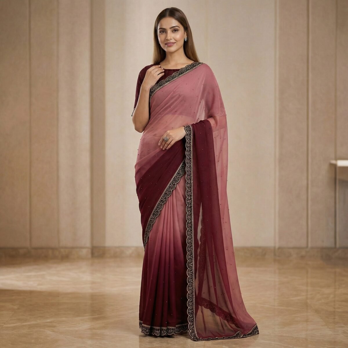 Wine & Dusty Rose Ombre Georgette Saree with Embroidered Lace Border - Image 2