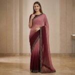 Wine & Dusty Rose Ombre Georgette Saree with Embroidered Lace Border - Image 2