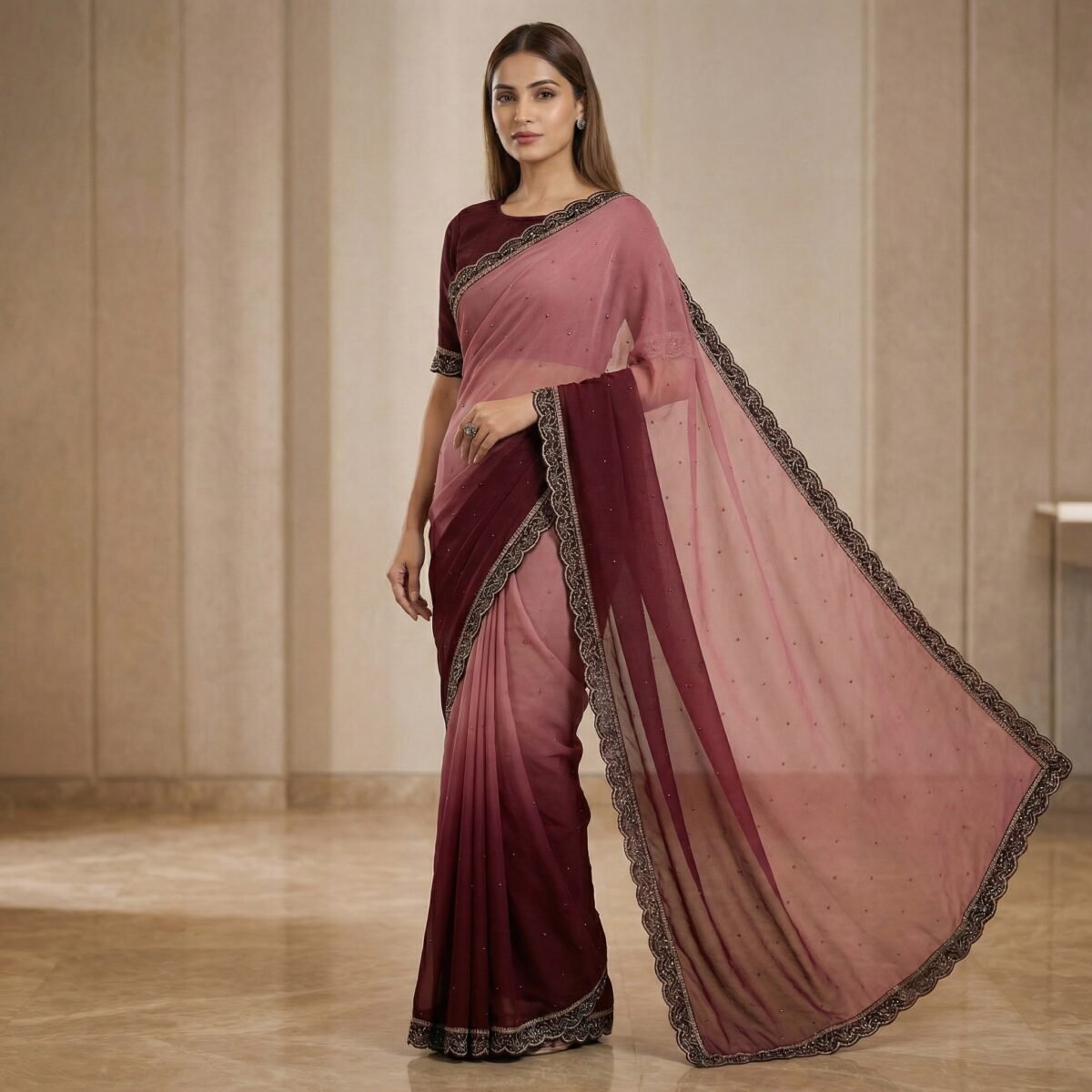 Wine & Dusty Rose Ombre Georgette Saree with Embroidered Lace Border - Image 3