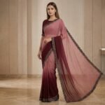 Wine & Dusty Rose Ombre Georgette Saree with Embroidered Lace Border - Image 3
