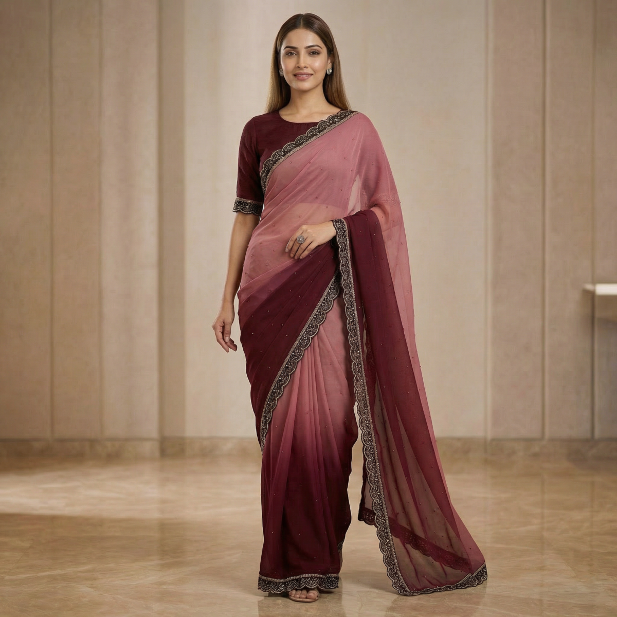 Wine & Dusty Rose Ombre Georgette Saree with Embroidered Lace Border - Image 4