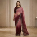 Wine & Dusty Rose Ombre Georgette Saree with Embroidered Lace Border - Image 4