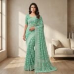 Green Floral Embroidered Georgette Saree with Elegant Border