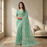 Green Floral Embroidered Georgette Saree with Elegant Border - Image 2
