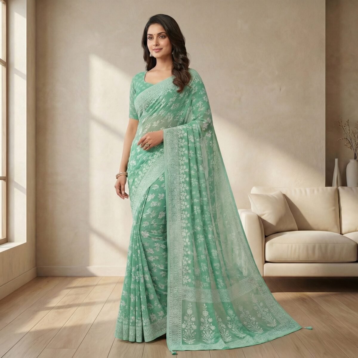 Green Floral Embroidered Georgette Saree with Elegant Border - Image 4