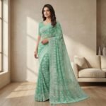 Green Floral Embroidered Georgette Saree with Elegant Border - Image 4