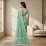 Green Floral Embroidered Georgette Saree with Elegant Border - Image 3