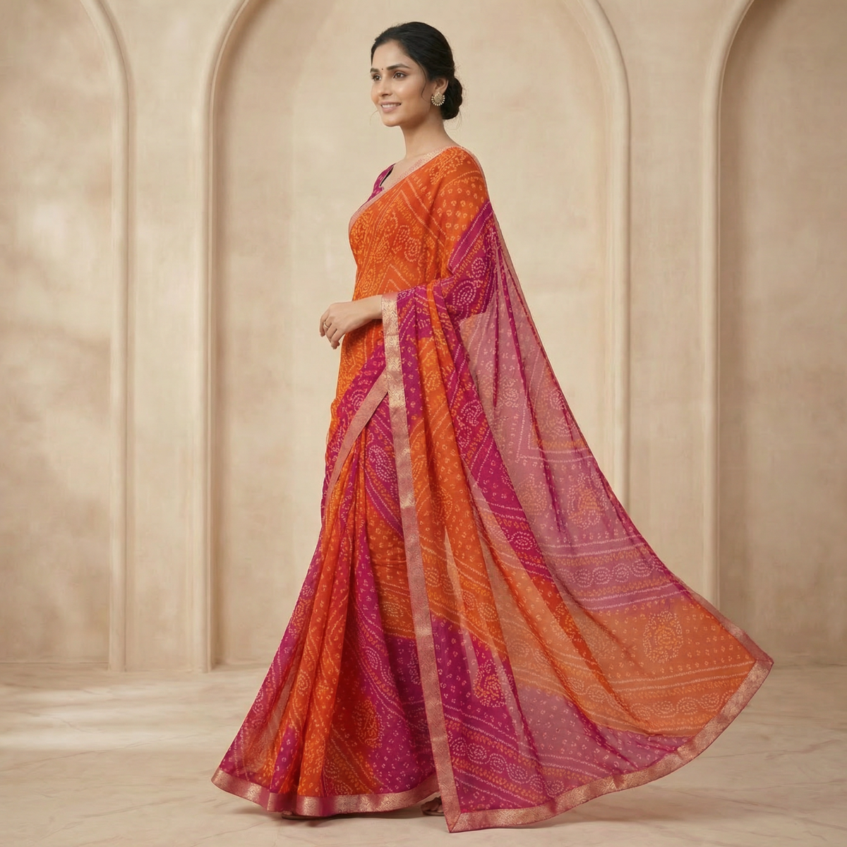 Orange & Magenta Georgette Saree with Ethnic Motifs & Designer Blouse - Image 2